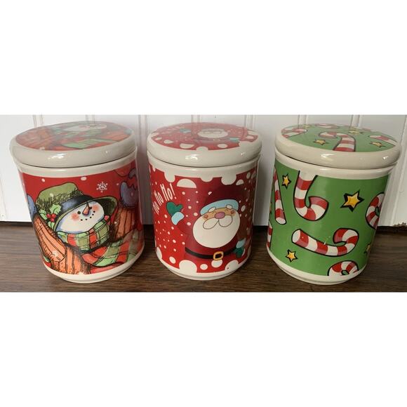 3 Merry Brite Christmas Small Ceramic Mugs Canister Lids W Seals No Handles Vtg - Picture 1 of 5